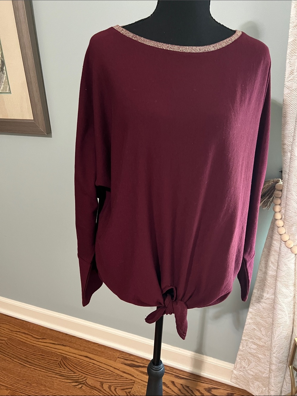 Cupio Burgundy Tie-Front Boatneck Long Sleeve Top